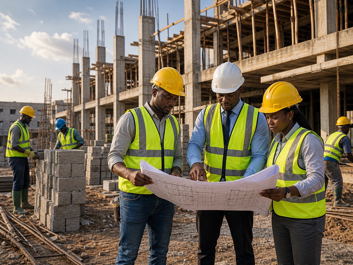 Eloba Nigeria Ltd construction team reviewing plans on site